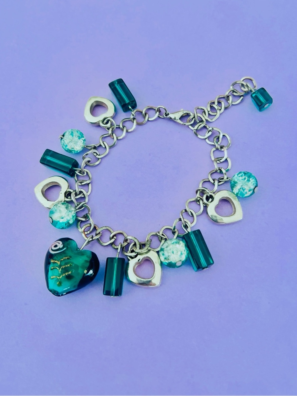 Y2K Charm Bracelet | Heart Teal Glass Beaded Chunky 2000s